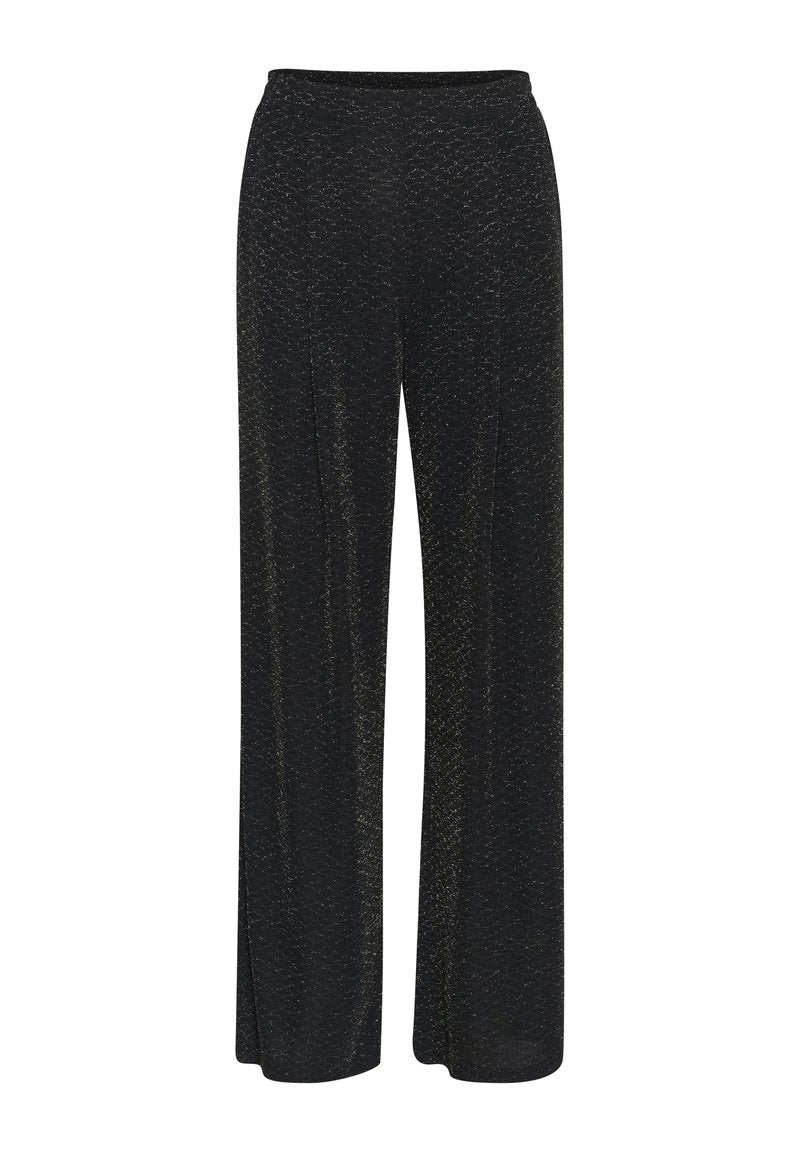 Schwarze weit geschnittene Hose aus strukturiertem Stoff mit metallischen Sprenkeln. Verfügt über einen weichen Bund und zwei seitliche Öffnungen.