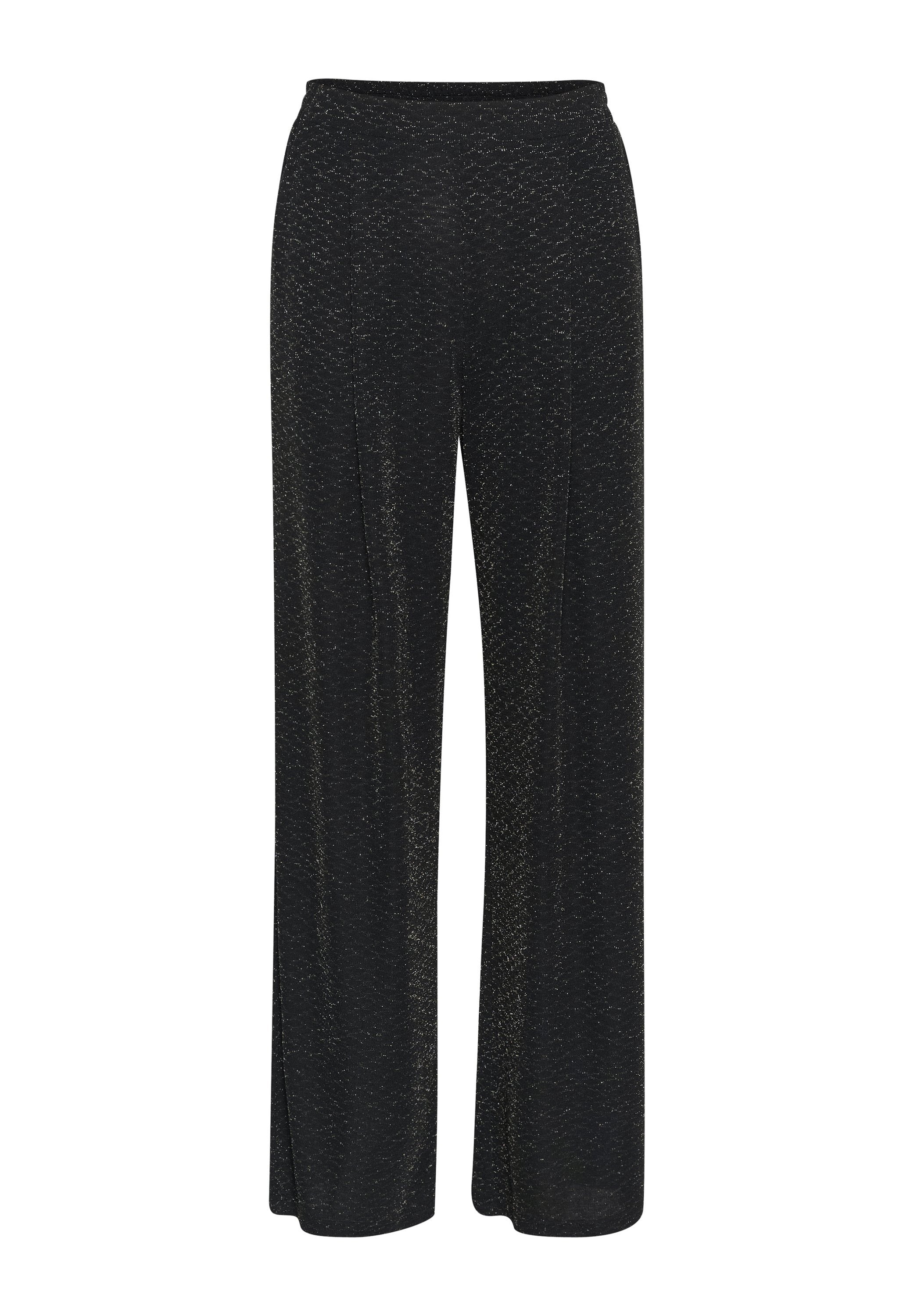 Schwarze weit geschnittene Hose aus strukturiertem Stoff mit metallischen Sprenkeln. Verfügt über einen weichen Bund und zwei seitliche Öffnungen.