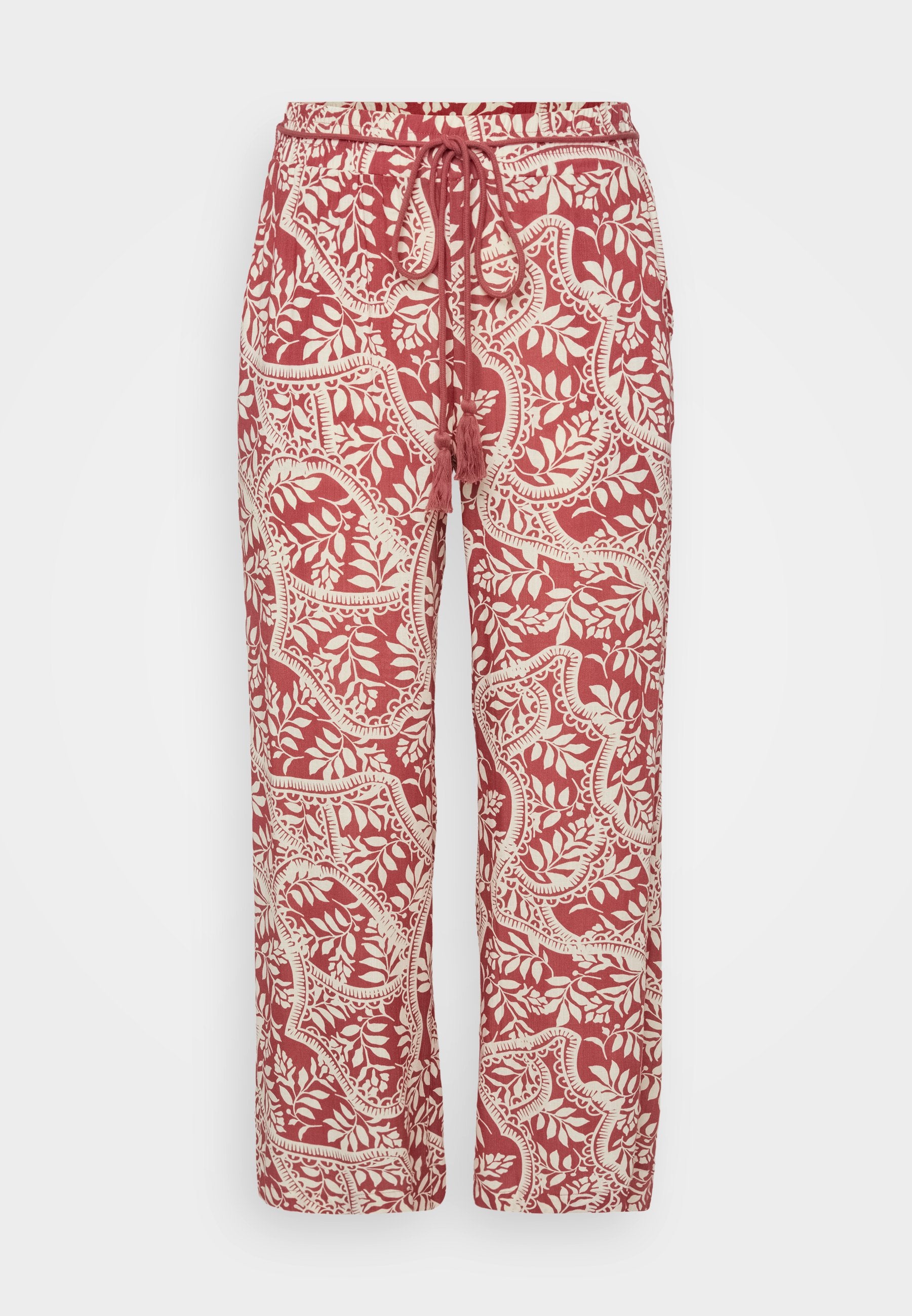 Rote und cremefarbene gemusterte Hosen mit elastischem Bund und verstellbarem Kordelzug. Der Stoff weist ein florales Motiv auf und hat eine lockere Passform.