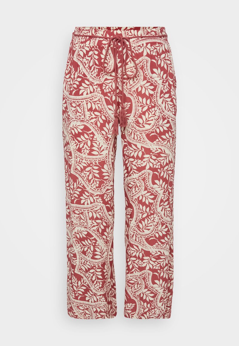 Rote und cremefarbene gemusterte Hosen mit elastischem Bund und verstellbarem Kordelzug. Der Stoff weist ein florales Motiv auf und hat eine lockere Passform.