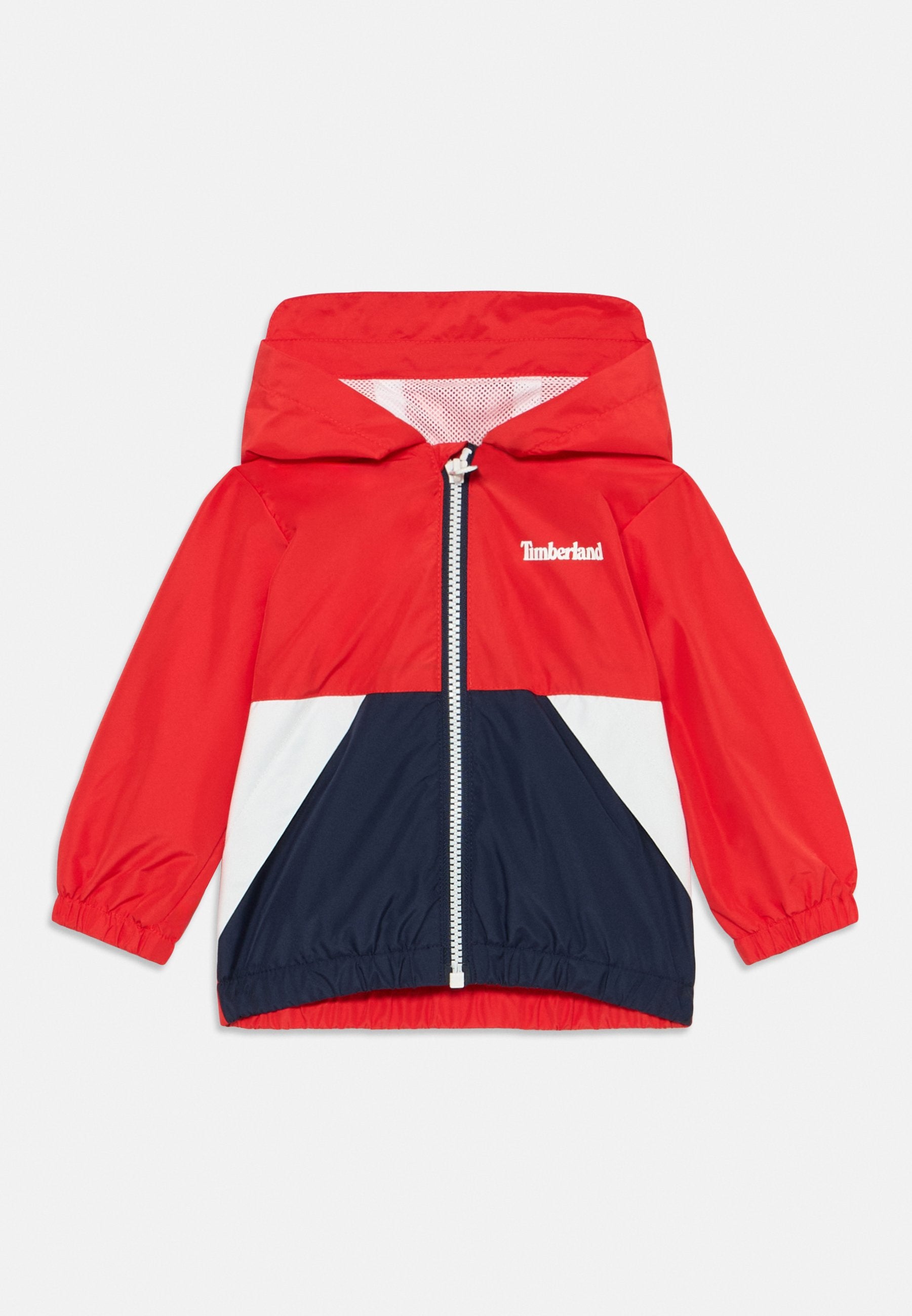 Rote, weiße und marineblaue, mit Kapuze ausgestattete Kinderjacke mit Frontreißverschluss und elastischen Bündchen, mit Timberland-Logo auf der Brust.