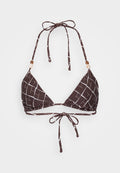 Brauner Bikini-Oberteil mit weißem Gittermuster, dreieckigen Cups, Nacken- und Rückenbändern sowie dekorativen Perlen an den Trägern. Weiches Stoffgefühl.