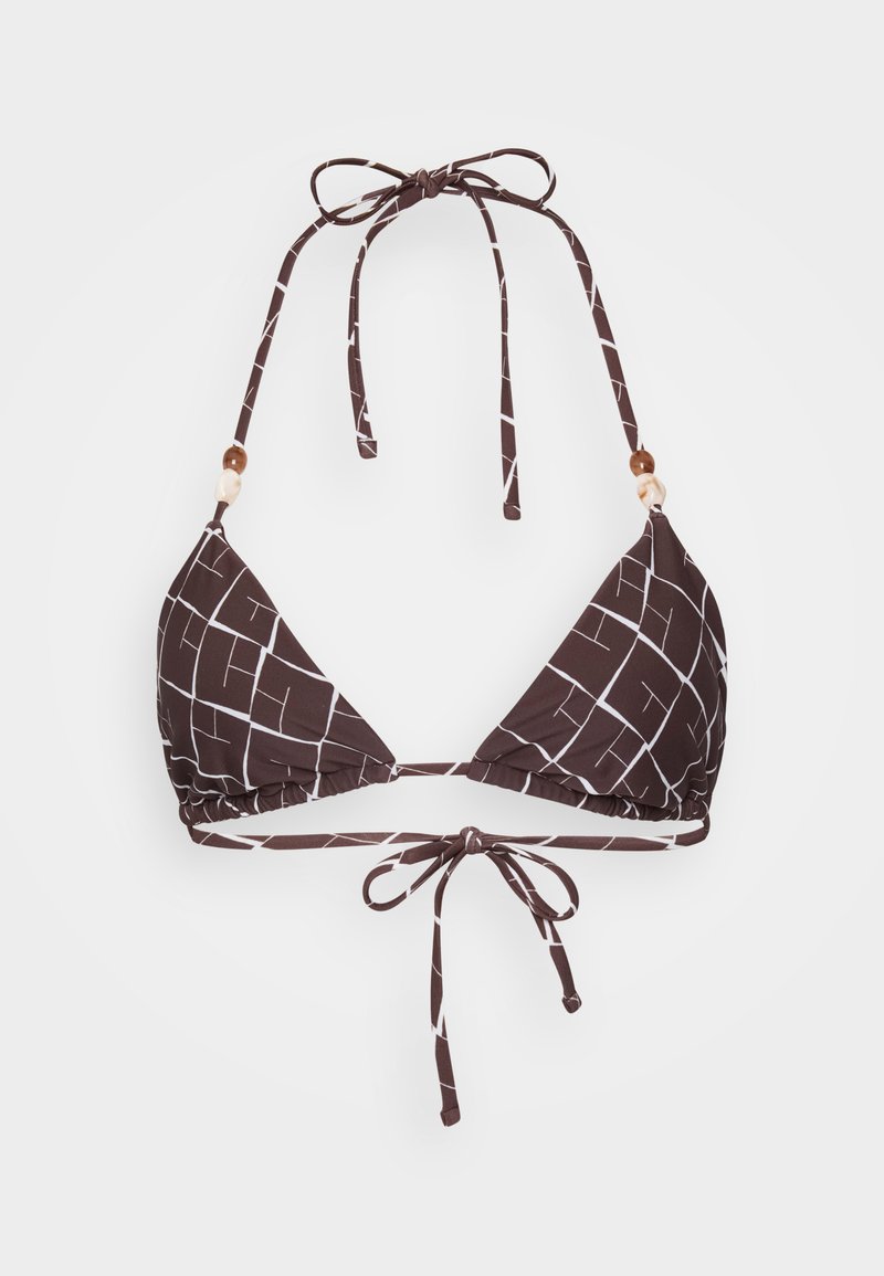 Brauner Bikini-Oberteil mit weißem Gittermuster, dreieckigen Cups, Nacken- und Rückenbändern sowie dekorativen Perlen an den Trägern. Weiches Stoffgefühl.