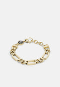 Goldene Kettenarmband mit geometrischen Gliedern, die abwechselnd rechteckige und kreisförmige Formen aufweisen, mit einem Karabinerverschluss und einem runden Anhänger.