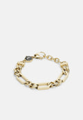 Goldene Kettenarmband mit geometrischen Gliedern, die abwechselnd rechteckige und kreisförmige Formen aufweisen, mit einem Karabinerverschluss und einem runden Anhänger.