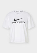 Weißes Nike Pro T-Shirt mit schwarzem Nike Swoosh-Logo und dem Schriftzug "NIKE PRO" mittig vorne, kurze Ärmel und Rundhalsausschnitt.