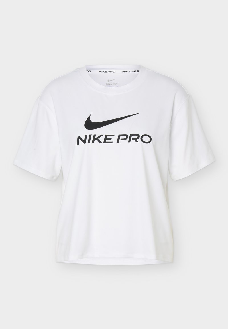 Weißes Nike Pro T-Shirt mit schwarzem Nike Swoosh-Logo und dem Schriftzug "NIKE PRO" mittig vorne, kurze Ärmel und Rundhalsausschnitt.