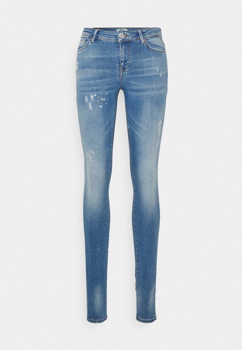 Schmale Jeans aus hellblauem Denim mit sind abgetragenen Stellen, dezenten Verblassungen, einem Fünf-Taschen-Design und einem klassischen Knopfverschluss.