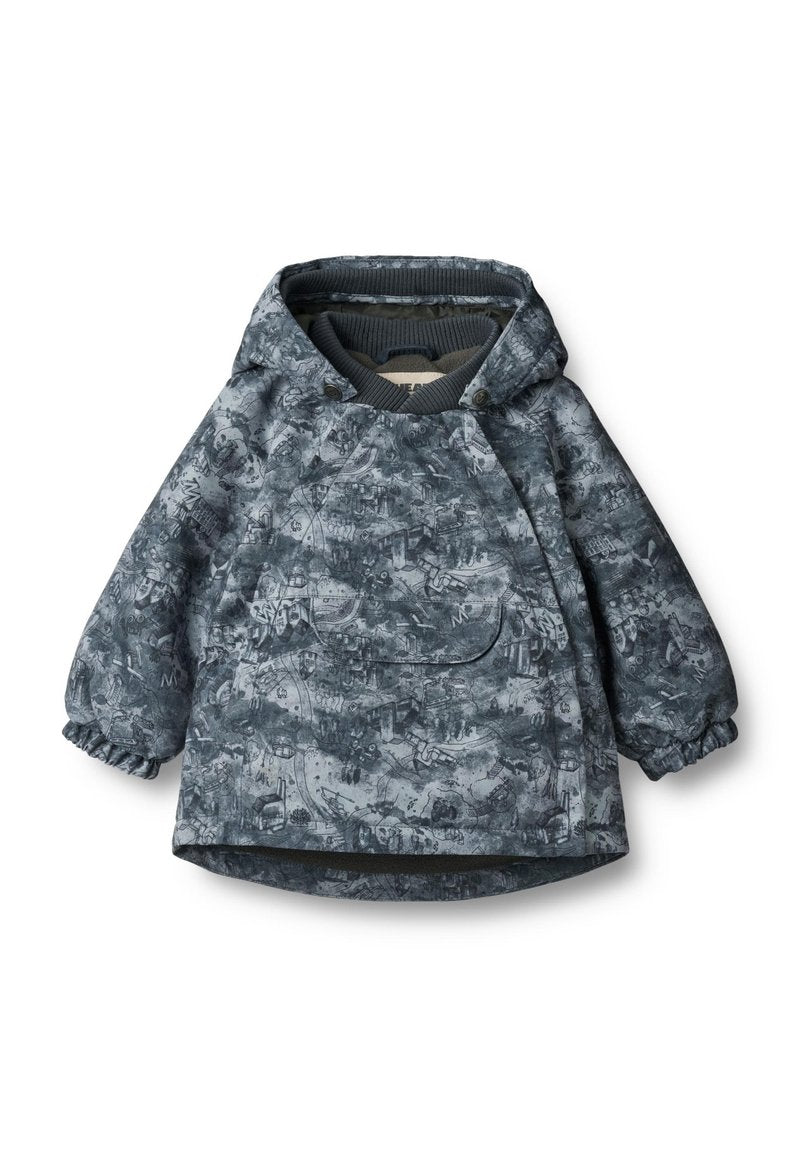 Graue Kapuzenjacke mit einem abstrakten Muster, elastischen Bündchen und einer Fronttasche. Hergestellt aus strukturiertem, wasserabweisendem Material.