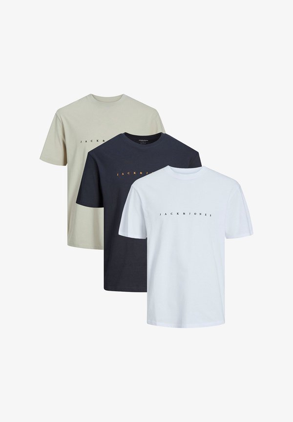 Jack & Jones 3ER PACK STAR JJ - Print T-shirt - weiß beige dunkelblau