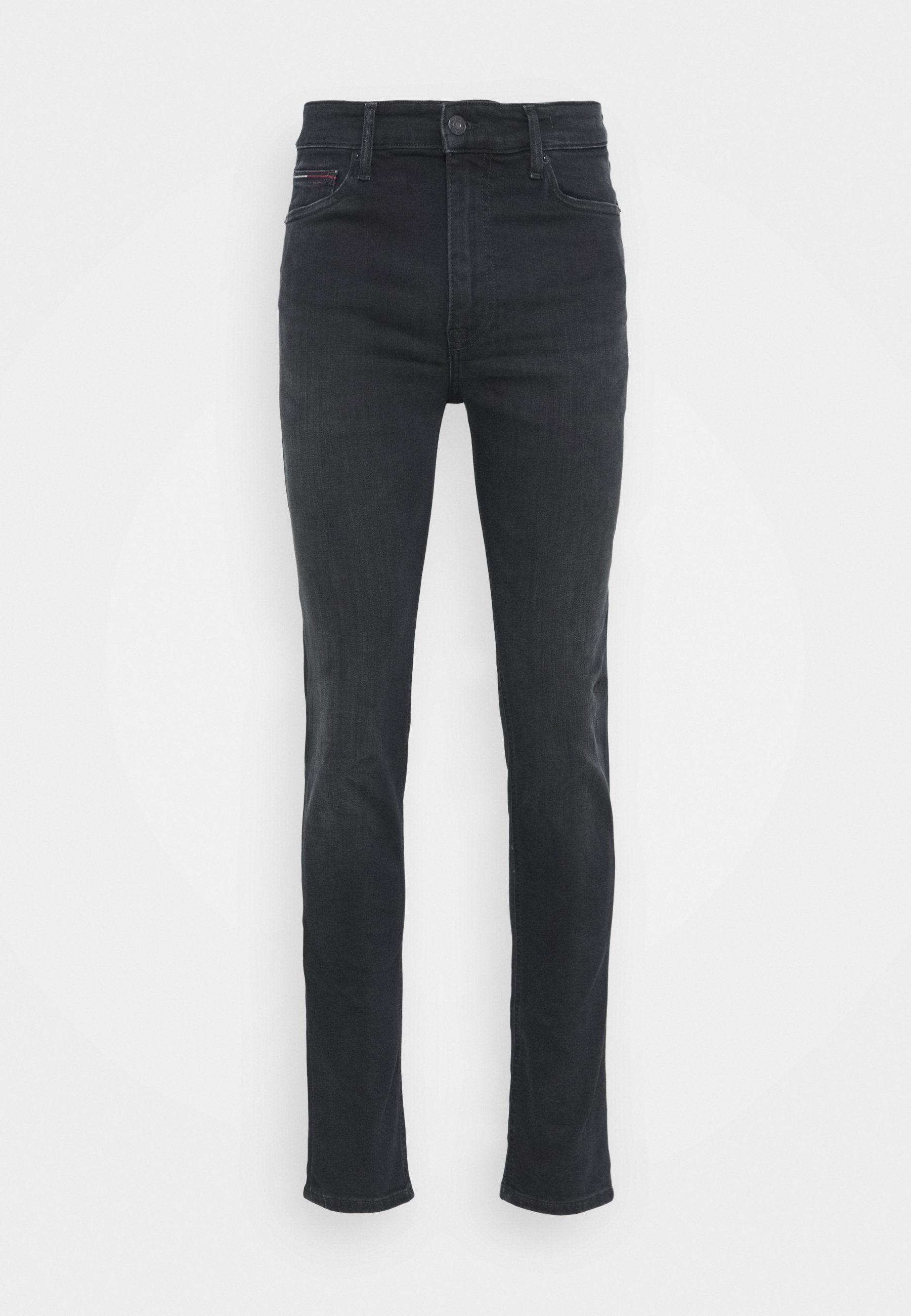 Schwarze Denim-Jeans mit hoher Taille, schlanker Passform, fünf Taschen und minimalistischem Design. Merkmale sind ein Metallknopf und dezente Nähte.