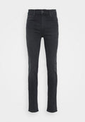 Schwarze Denim-Jeans mit hoher Taille, schlanker Passform, fünf Taschen und minimalistischem Design. Merkmale sind ein Metallknopf und dezente Nähte.