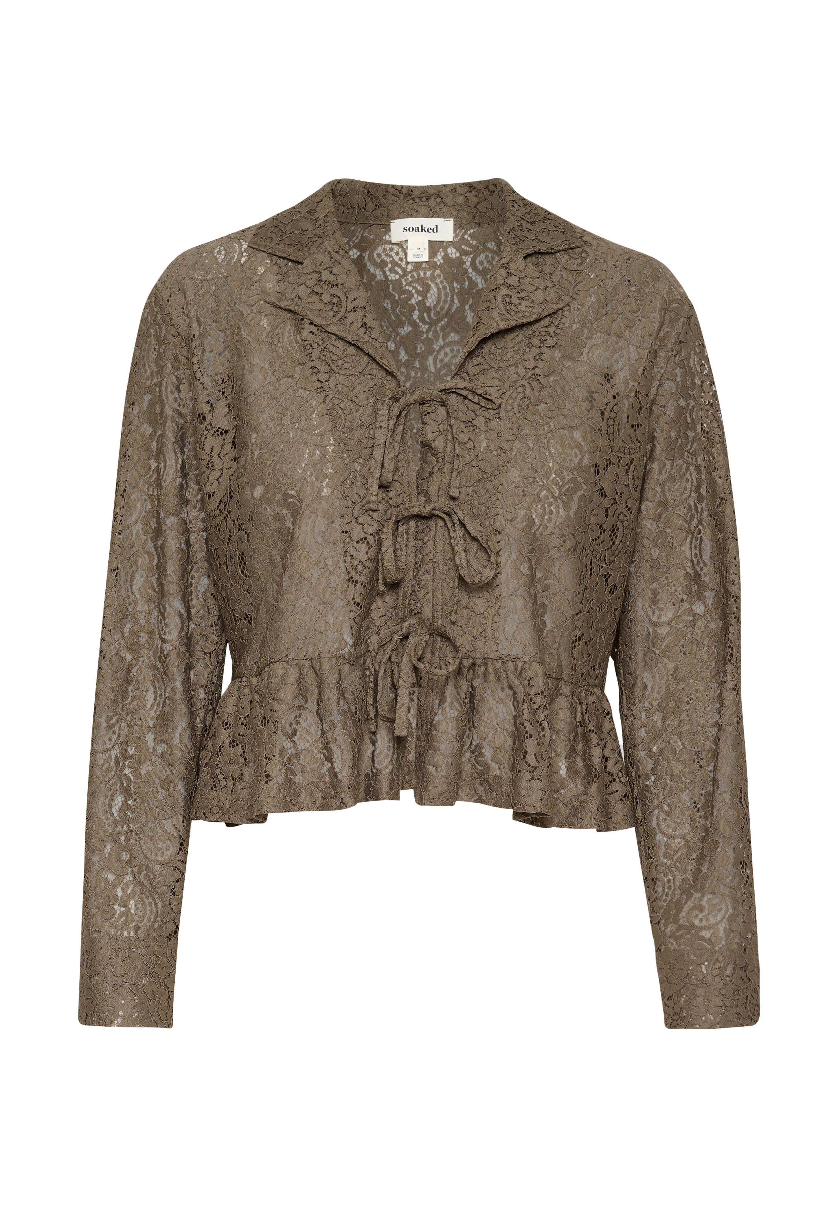 Olivgrünes Spitzenshirt mit langen Ärmeln, Peplum-Saum und Frontbindeschluss. Filigranes Blumenmuster im gesamten Stoff.