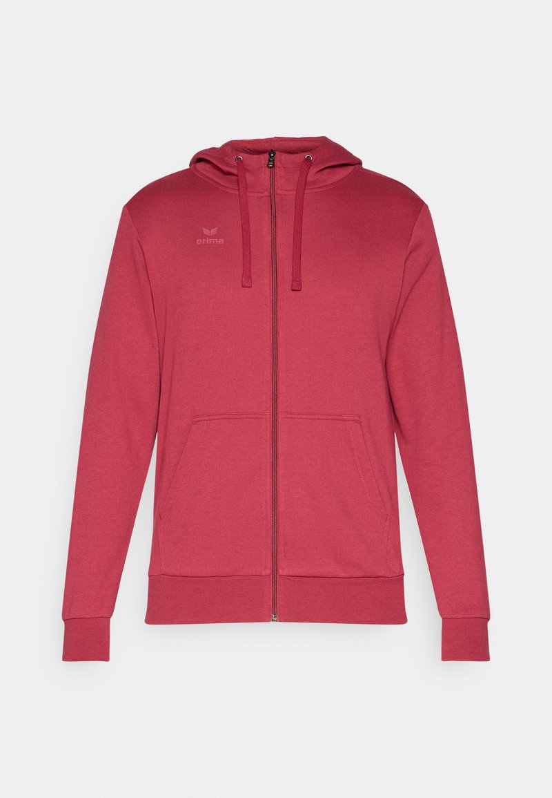 Roter Reißverschluss-Hoodie aus weichem Stoff. Verfügt über eine Kordelzugkapuze, zwei Fronttaschen und ein kleines Logo auf der linken Brust.