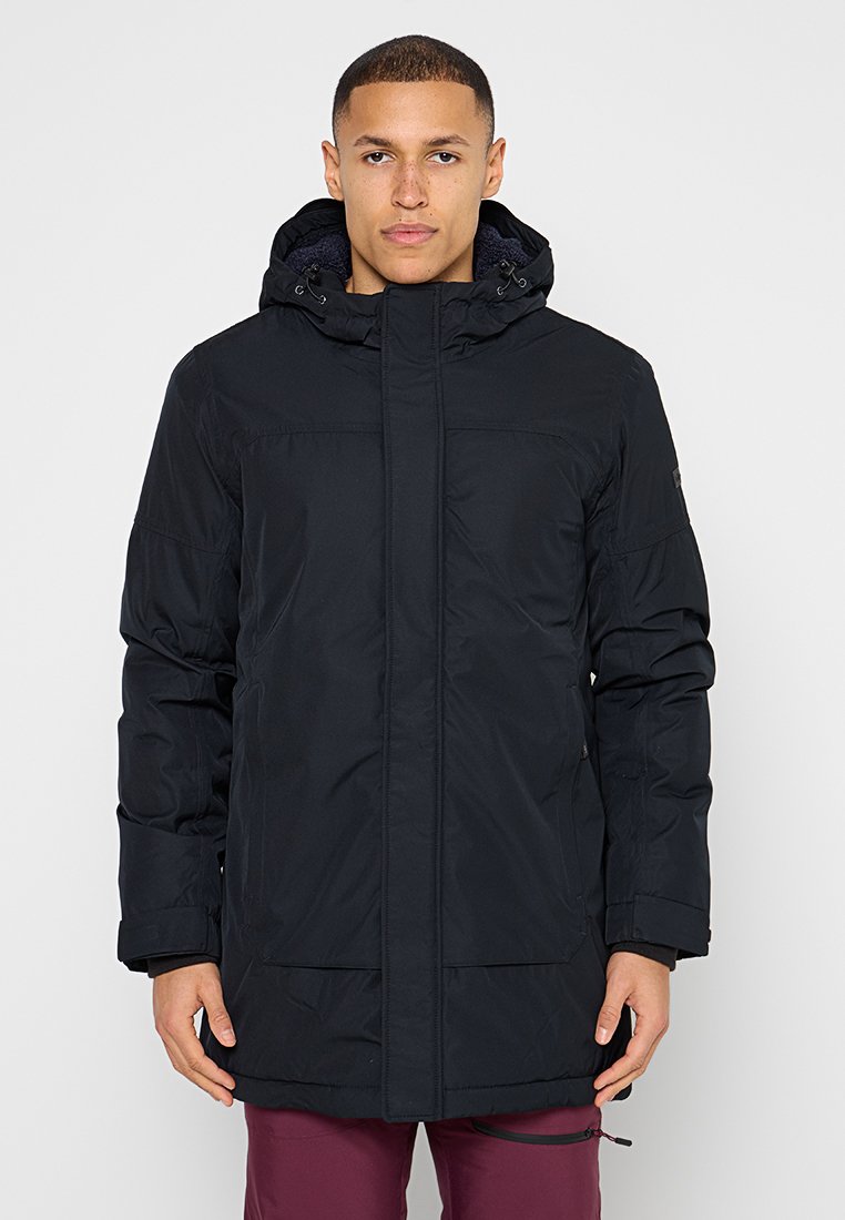 Schwarze isolierte Parka-Jacke mit Kapuze, Reißverschluss vorne und zwei Fronttaschen. Glatter Stoff mit matter Oberfläche und verstellbarem Saum.