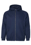 Marineblaue Kapuzenjacke aus leichtem Stoff, mit einem Reißverschluss vorne, zwei seitlichen Taschen mit Knöpfen und elastischen Bündchen.