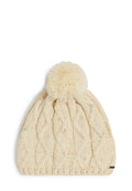 Strickmütze in Creme mit einem strukturierten Kabelmuster und einem flauschigen Pompon oben. Verfügt über kleine bunte Sprenkel und ein schwarzes Markenschild.