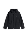 Schwarze Zip-Jacke mit Kapuze, vorderem Druckknopfverschluss, zwei seitlichen Taschen und Logo-Patch. Hergestellt aus leichtem, strukturiertem Material.