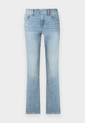 Hellblaue Jeans mit hoher Taille, geradem Bein, Vordertaschen, Gürtelschlaufen und Kupfernieten-Details.