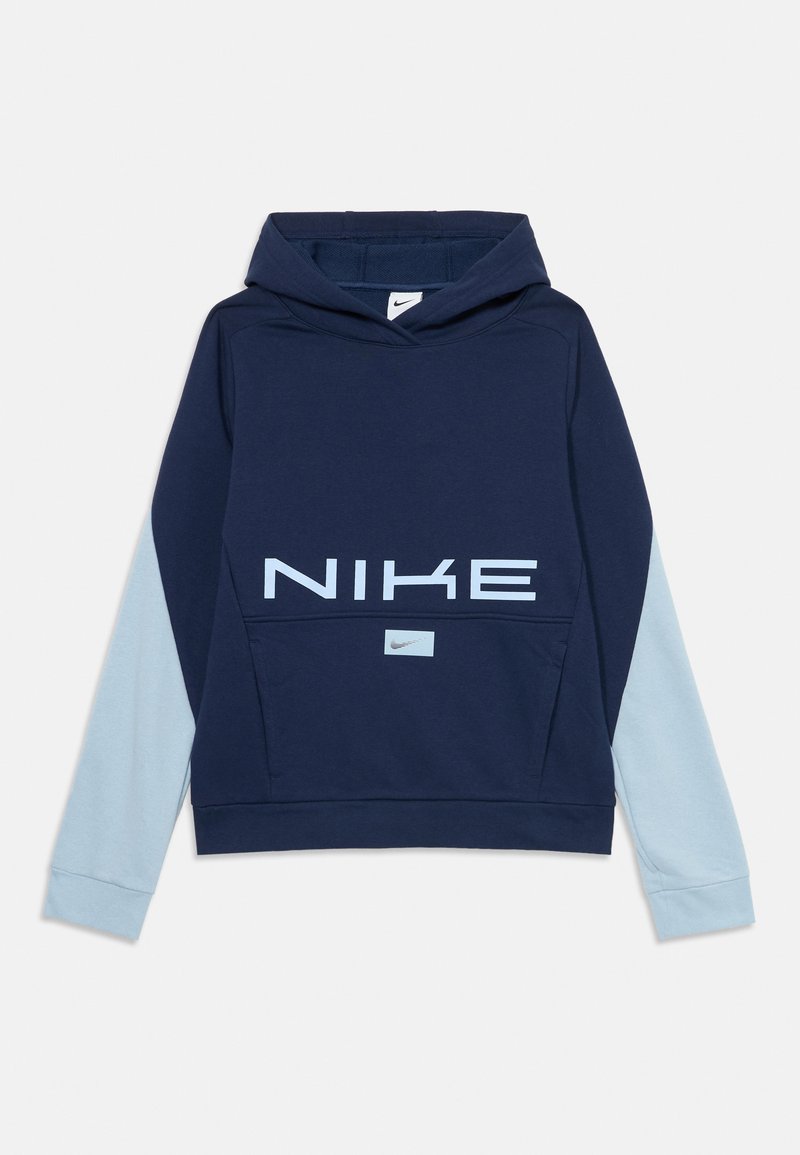 Dunkelblaues Nike Hoodie mit hellblauen Ärmeln, großem Logo auf der Vorderseite, Fronttasche und verstellbarer Kapuze. Weiche Stoffqualität und lässiges Design.