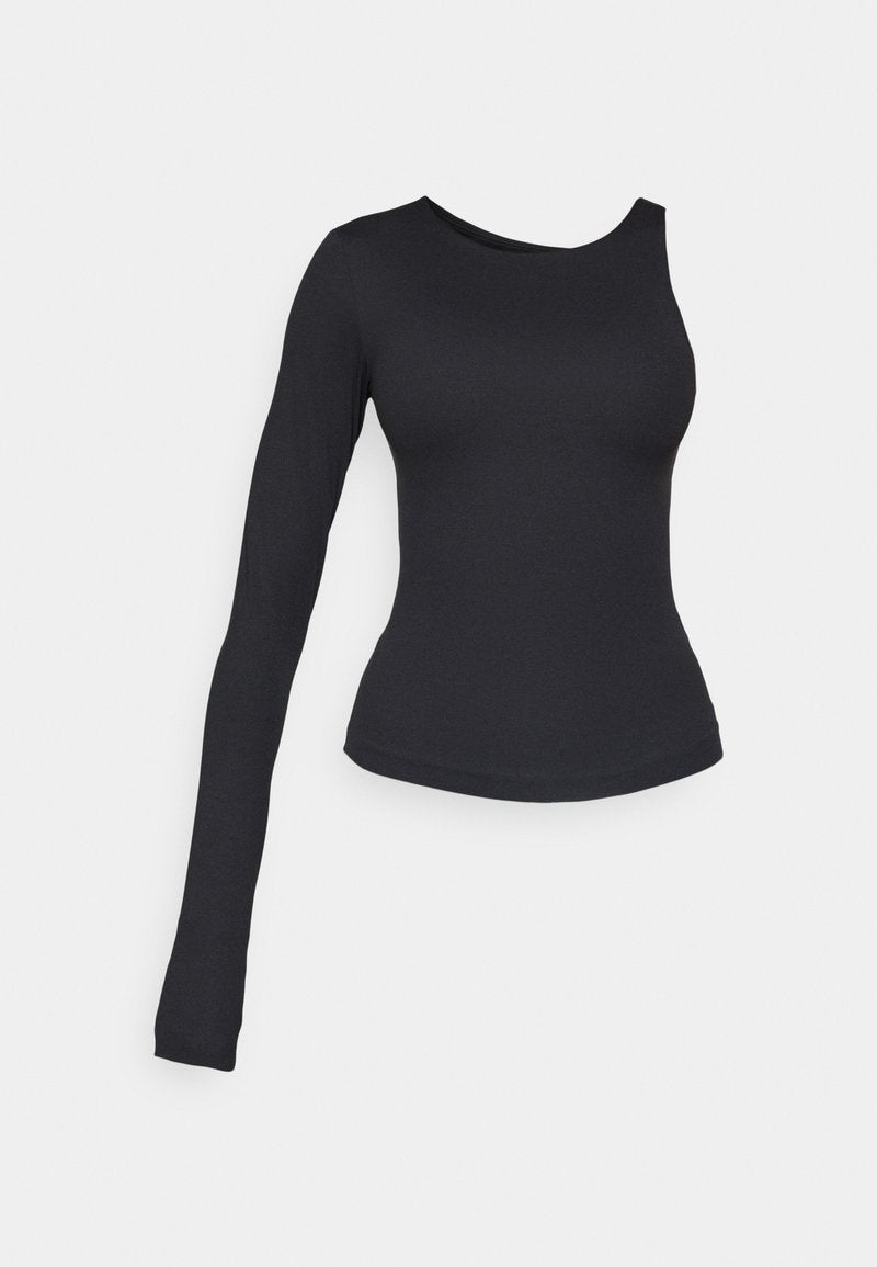 Schwarzes Langarmoberteil mit asymmetrischem One-Shoulder-Design. Hergestellt aus elastischem Material, figurbetonte Silhouette und glatte Textur.