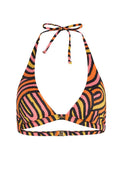 Mehrfarbiger Bikini-Oberteil in dreieckiger Form, mit auffälligen Streifen in Pink, Orange, Gelb und Schwarz. Bindebänder am Hals und im Rücken.