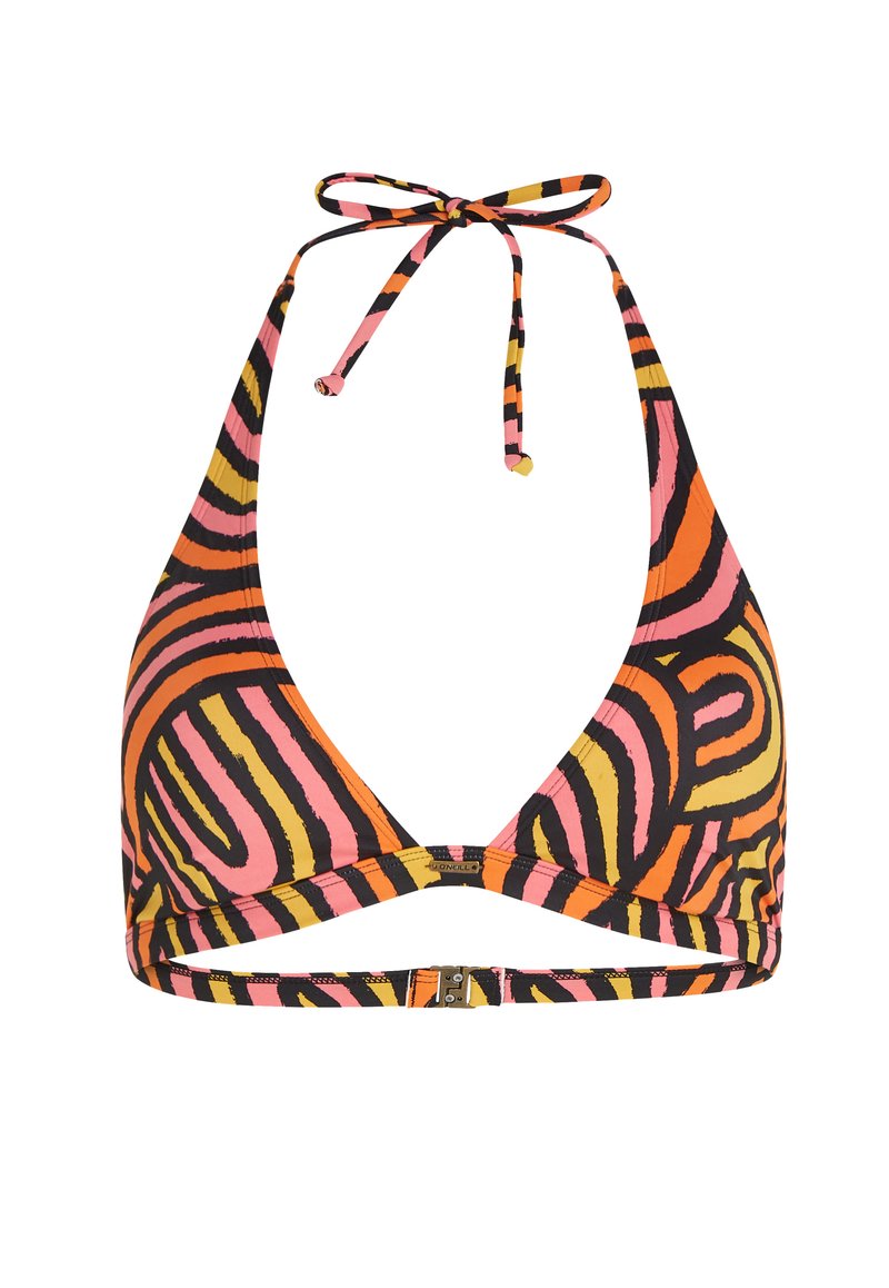 Mehrfarbiger Bikini-Oberteil in dreieckiger Form, mit auffälligen Streifen in Pink, Orange, Gelb und Schwarz. Bindebänder am Hals und im Rücken.