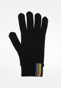 Schwarzer gestrickter Handschuh mit fünf Fingern, einem gerippten Handgelenk und einem mehrfarbigen Streifenakzent am Bündchen. Weiche Textur und eng anliegendes Design.