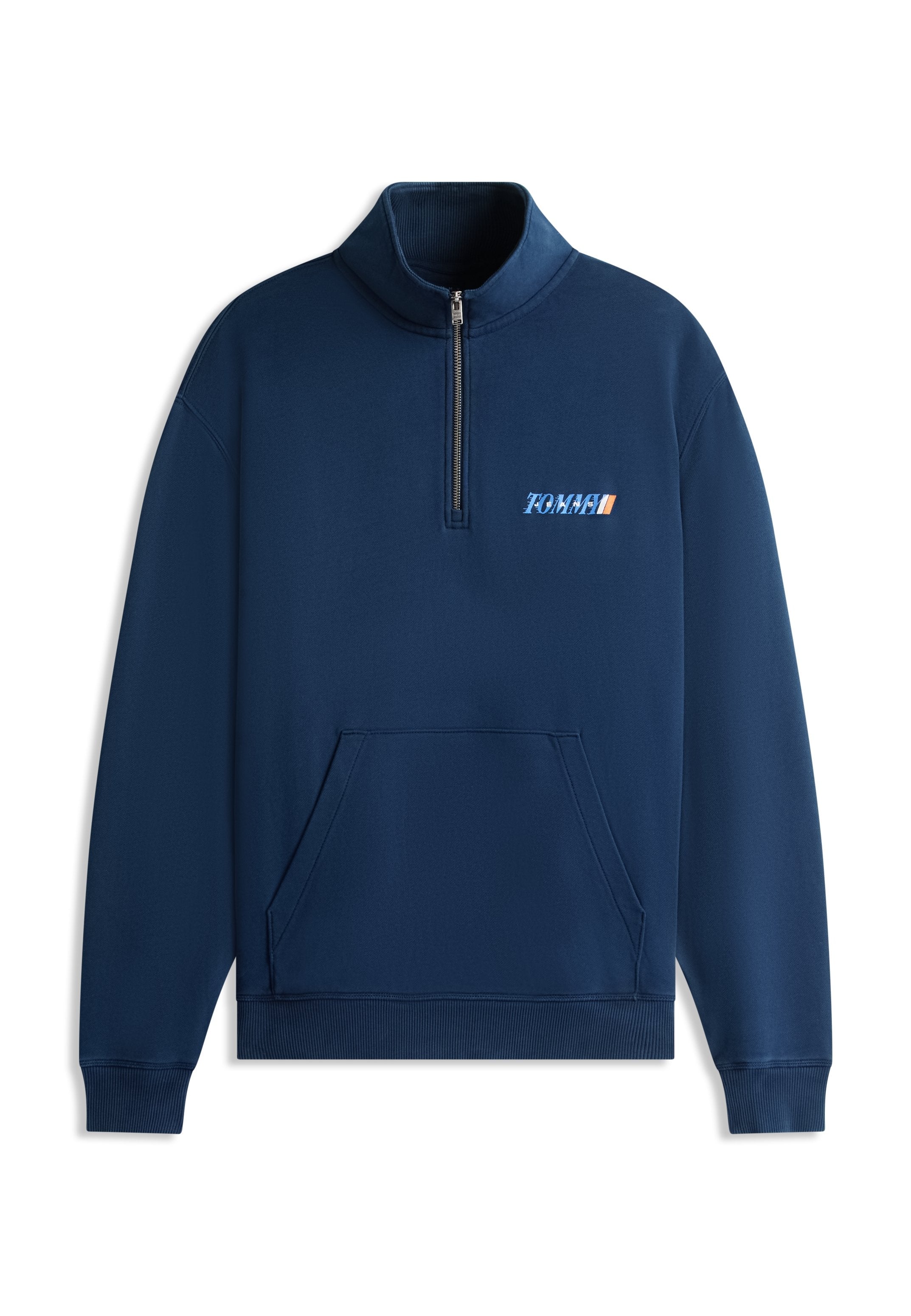 Marineblaues Sweatshirt mit Viertel-Reißverschluss, Kängurutasche und kleinem "TOMMY"-Logo auf der linken Brust, gerippte Bündchen und Saum.