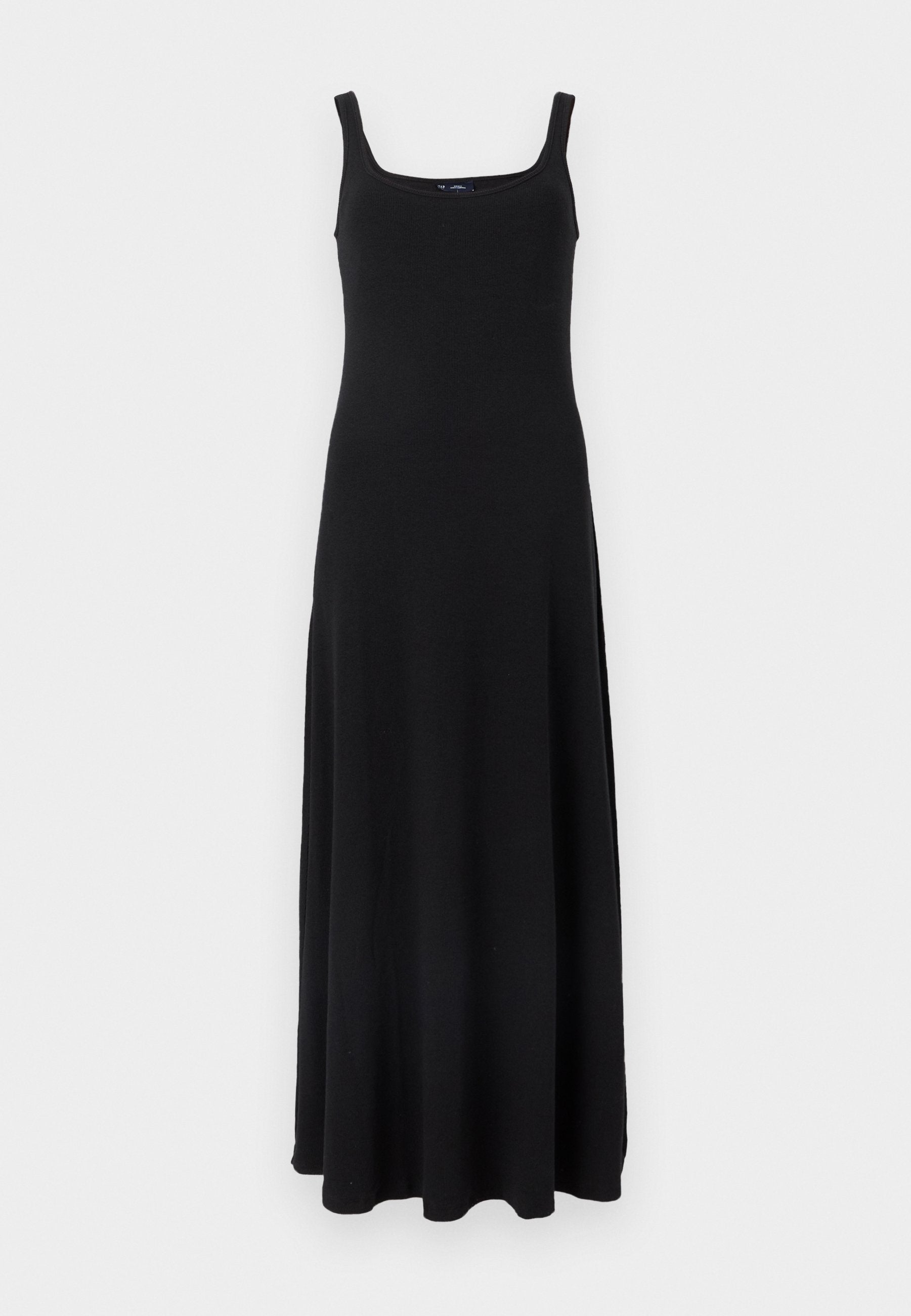 Schwarzes ärmelloses Maxikleid mit rundem Ausschnitt und tailliertem Oberteil vor einfarbigem hellem Hintergrund.