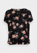 Schwarze Kurzarmbluse mit einem floralen Muster aus pfirsichfarbenen Rosen und hellblauen Blättern. Glattes Material mit lockerer Passform.