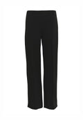 Schwarze Hose aus glattem Stoff, mit geradem Bein und ohne sichtbare Verschlüsse oder Verzierungen. Schlichte und zeitlose Silhouette.