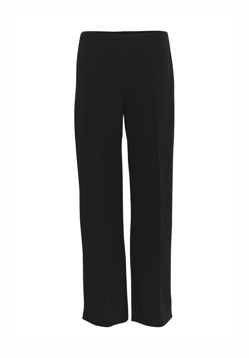 Schwarze Hose aus glattem Stoff, mit geradem Bein und ohne sichtbare Verschlüsse oder Verzierungen. Schlichte und zeitlose Silhouette.