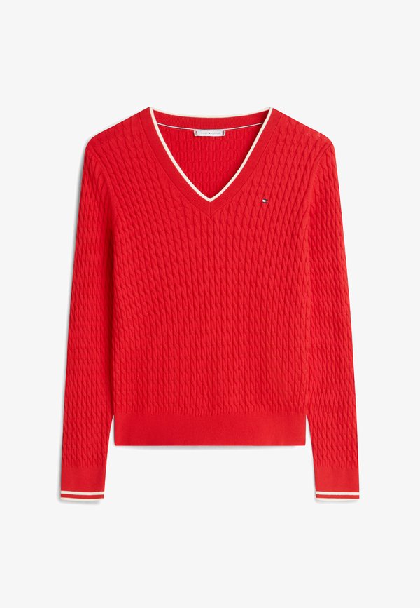 Tommy Hilfiger CABLE KNIT V NECK JUMPER - Jumper - primary red/calico tipping