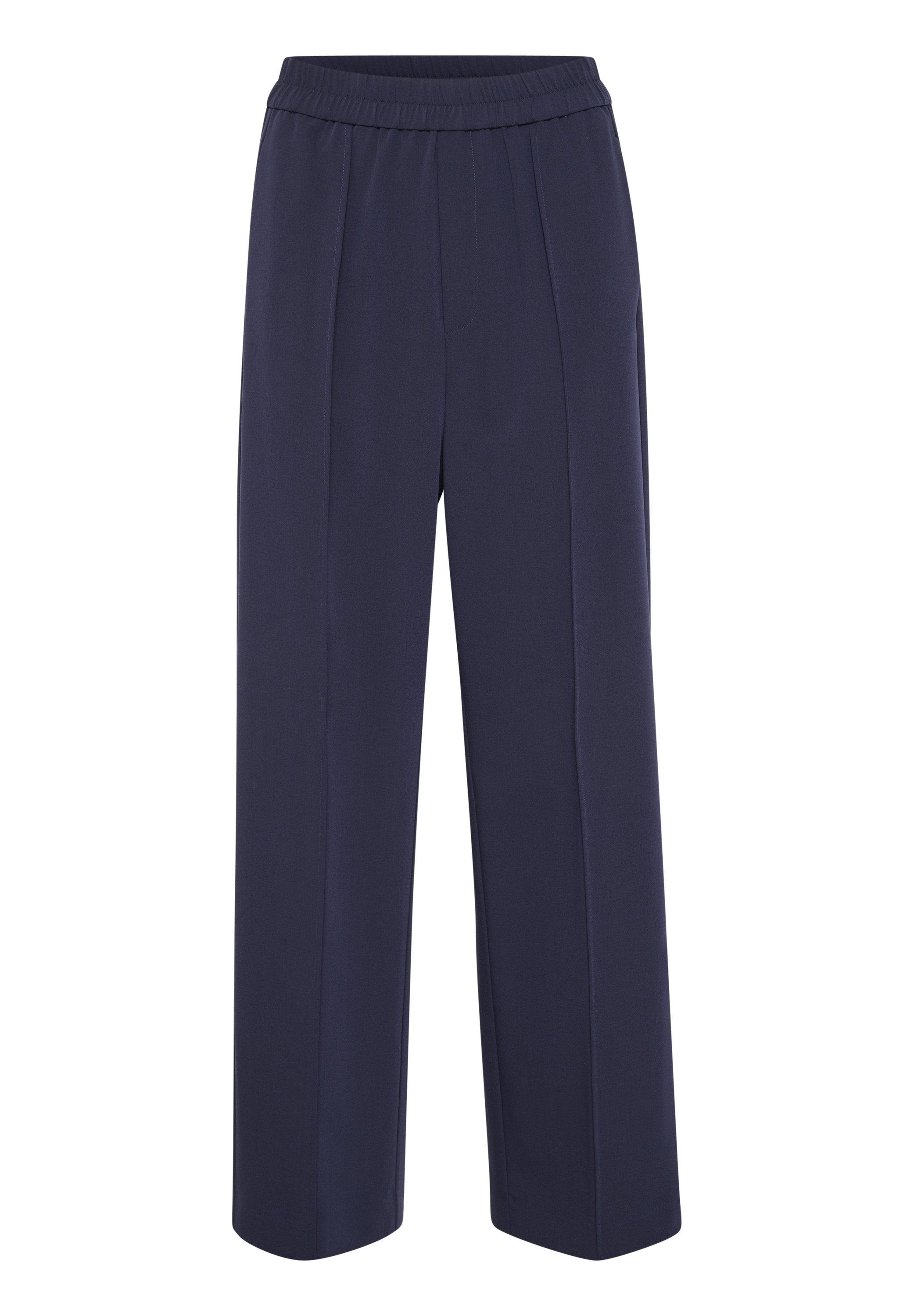 Marineblaue weite Hose mit glatter Textur, elastischem Bund und zwei vorderen Falten für zusätzlichen Detail.