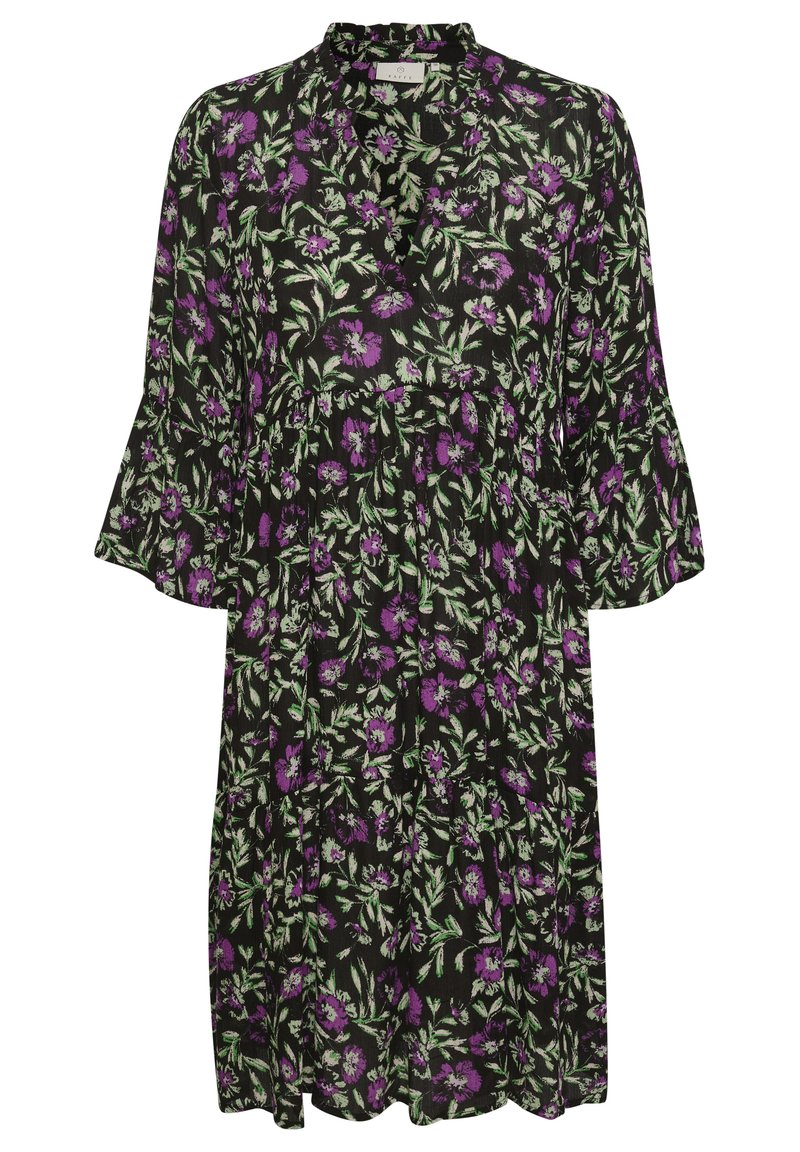 Blumenkleid mit schwarzem Hintergrund, verziert mit lila Blumen und grünen Blättern. Lange, ausgestellte Ärmel und ein plissierter Saum.