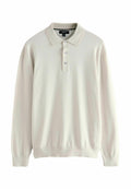 Hellbeige Polohemd mit langen Ärmeln, einem Kragen, drei Knöpfen und elastischen Bündchen. Weicher Stoff und klassisches Design.