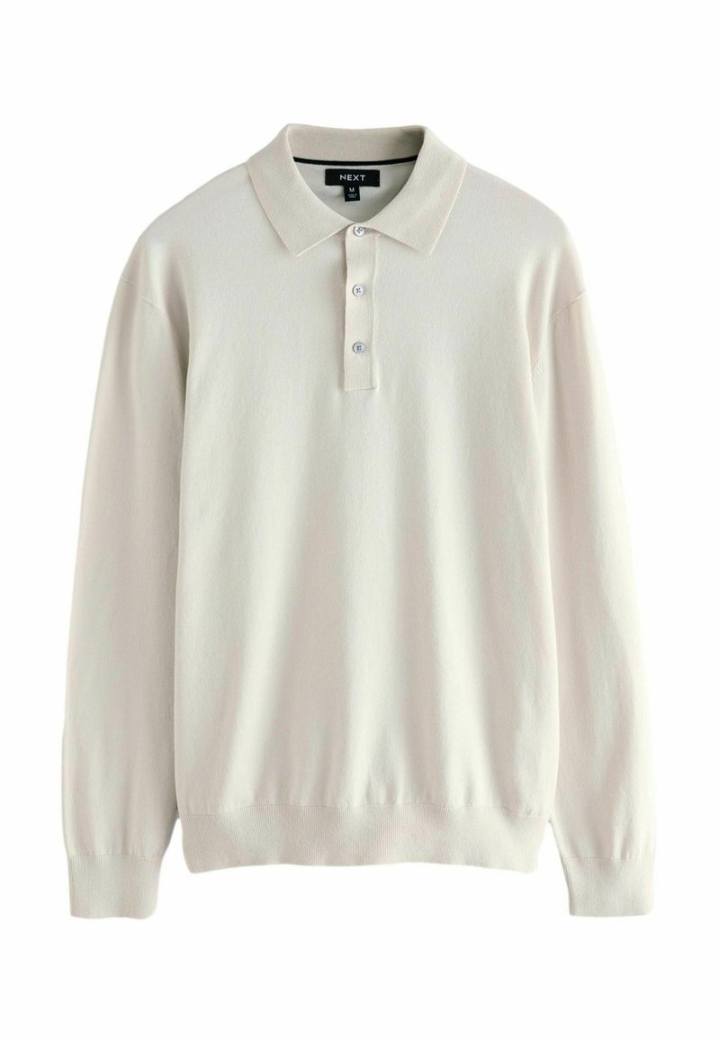 Hellbeige Polohemd mit langen Ärmeln, einem Kragen, drei Knöpfen und elastischen Bündchen. Weicher Stoff und klassisches Design.