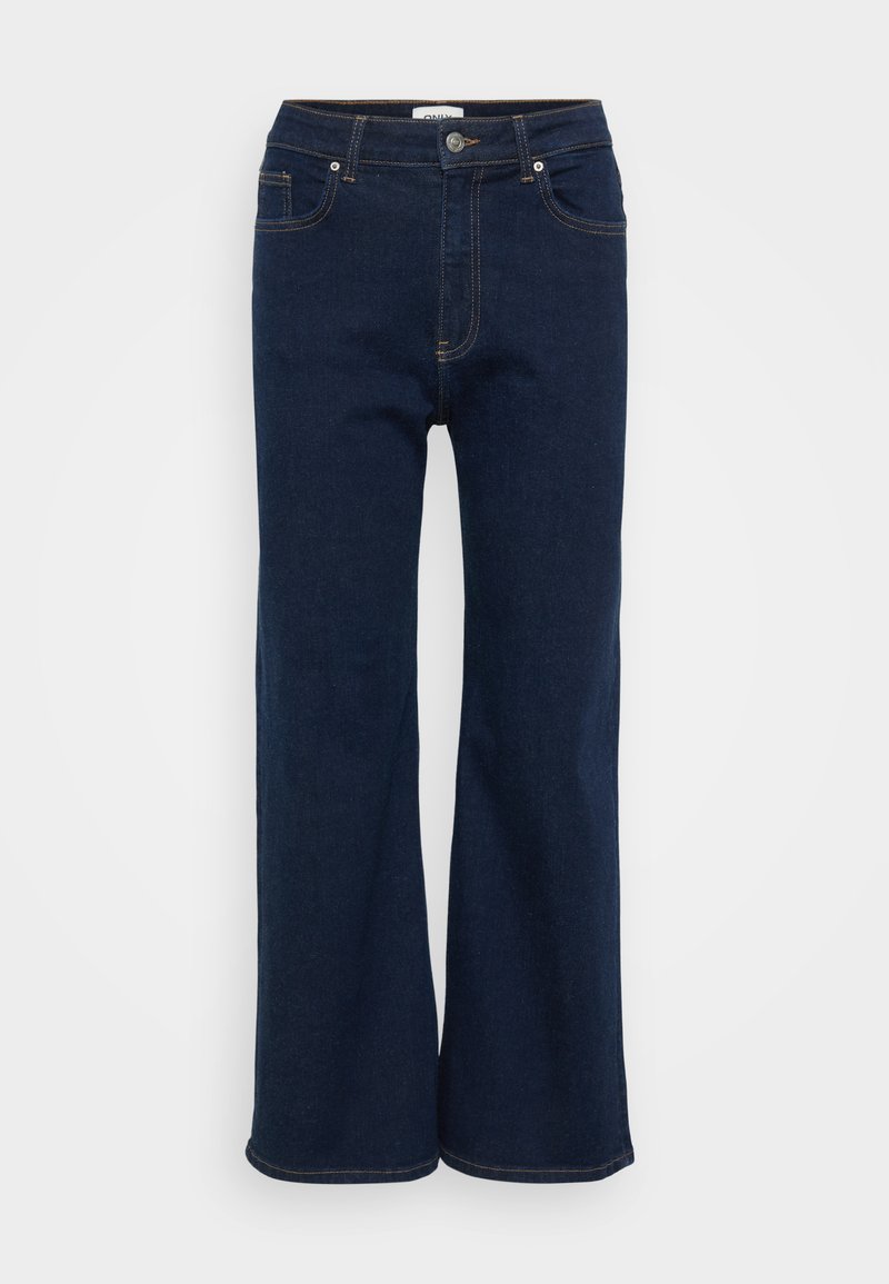 Dunkelblaue Denim-Hosen im weiten Schnitt mit einer Knopf- und Reißverschluss vorne, fünf Taschen und kontrastierendem Nähen. Glatte Textur.