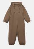 Brauner Winter-Overall mit Kapuze, elastischen Bündchen und einer Fronttasche. Hergestellt aus einem glatten Stoff mit einer leicht strukturierten Oberfläche.
