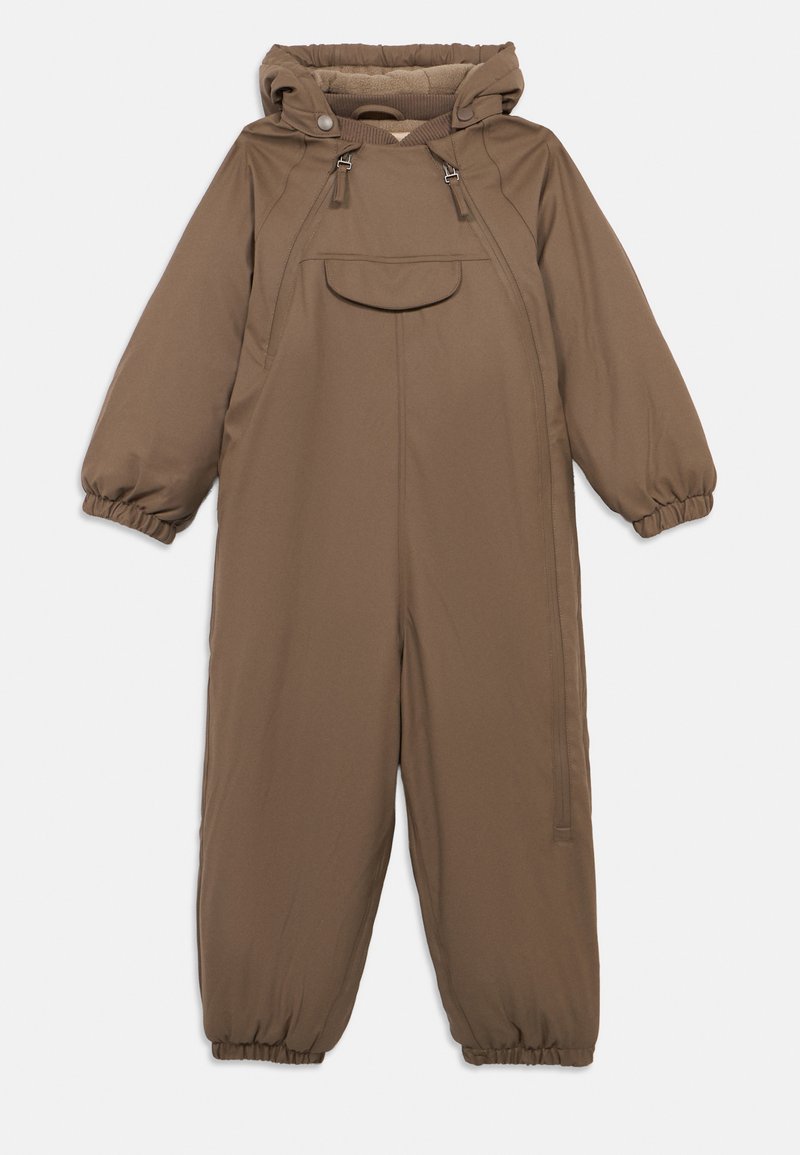 Brauner Winter-Overall mit Kapuze, elastischen Bündchen und einer Fronttasche. Hergestellt aus einem glatten Stoff mit einer leicht strukturierten Oberfläche.