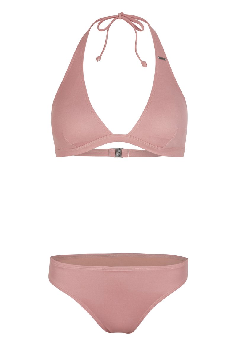 Rosa Bikini-Set mit einem Haltertop mit verstellbaren Bändern, einem tiefen Ausschnitt und passenden niedrig sitzenden Unterteilen, aus glattem Material gefertigt.