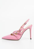 Rosa Lackleder-Pumps mit spitzem Zeh, Slingback-Riemen und dekorativen, kreuzenden Riemen mit metallischen Akzenten.