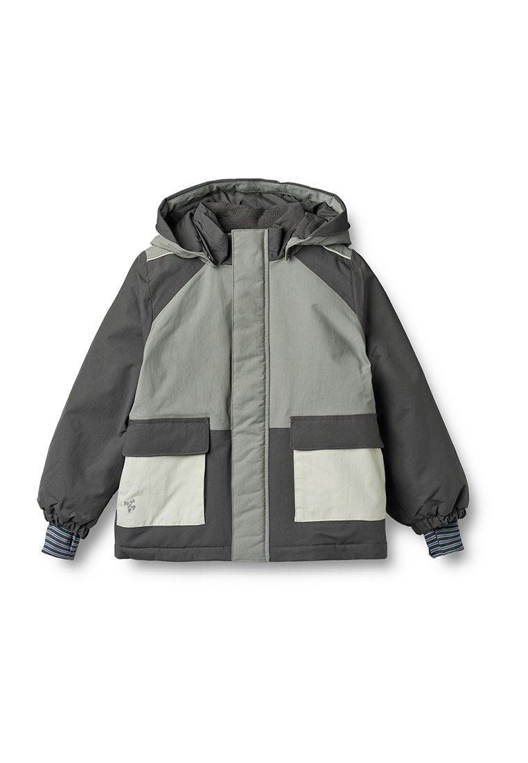 Grau und hellgraue isolierte Jacke mit Kapuze, ausgestattet mit zwei großen Fronttaschen, elastischen Bündchen und einem gestreiften Innenfutter.