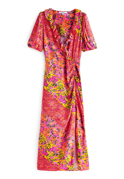 SATIN JACQUARD WRAP MIDI DRESS