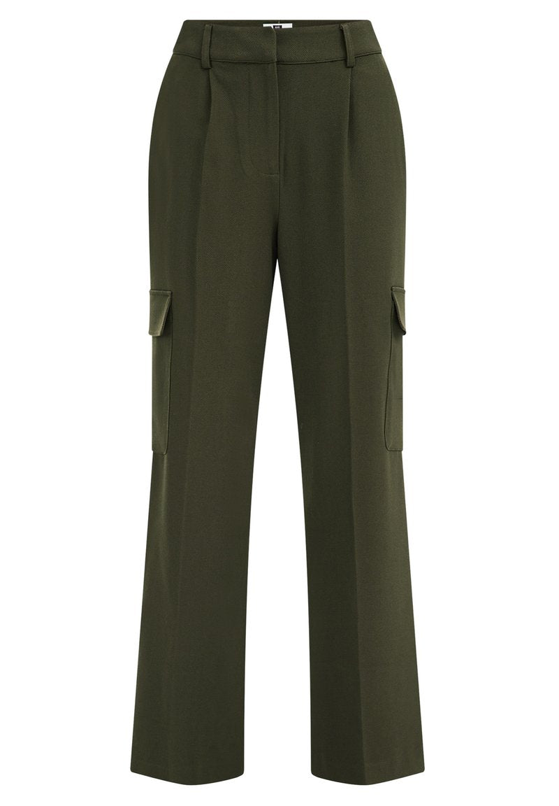 Olivegrüne Cargo-Hosen mit weitem Bein, mehreren Seitentaschen, gefaltetem vorderen Teil und glatter Textur. Geeignet für legere und funktionale Kleidung.