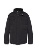 Schwarze isolierte Jacke mit hohem Kragen, Reißverschluss vorne, mehreren vorderen Taschen und Knopfverschlüssen. Glatte Textur und minimalistisches Design.