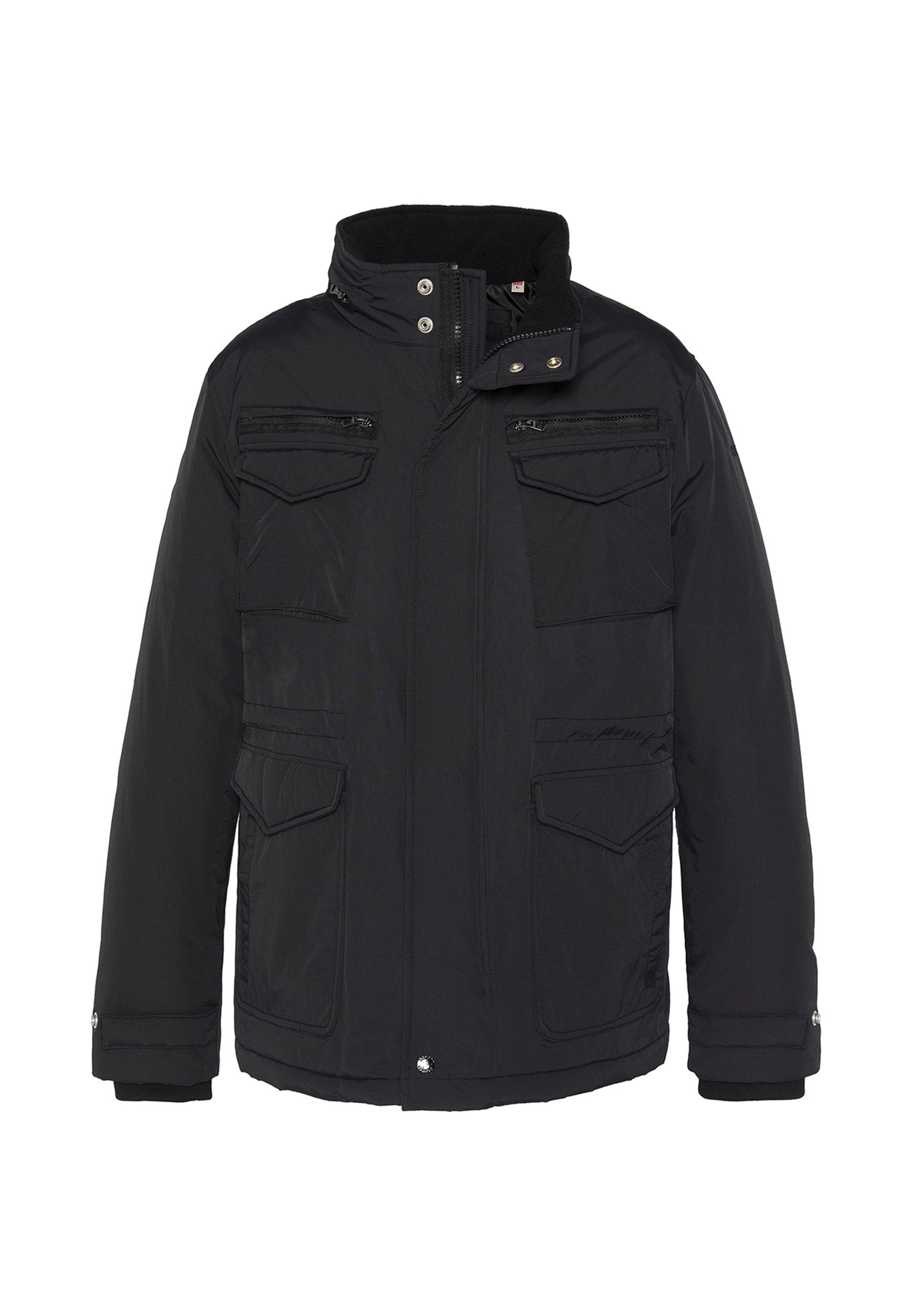 Schwarze isolierte Jacke mit hohem Kragen, Reißverschluss vorne, mehreren vorderen Taschen und Knopfverschlüssen. Glatte Textur und minimalistisches Design.