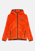 Leuchtend orangefarbene Fleecejacke mit Kapuze, durchgehendem Frontreißverschluss, seitlichen Reißverschlusstaschen und einem kleinen gestickten Emblem auf der Brust.