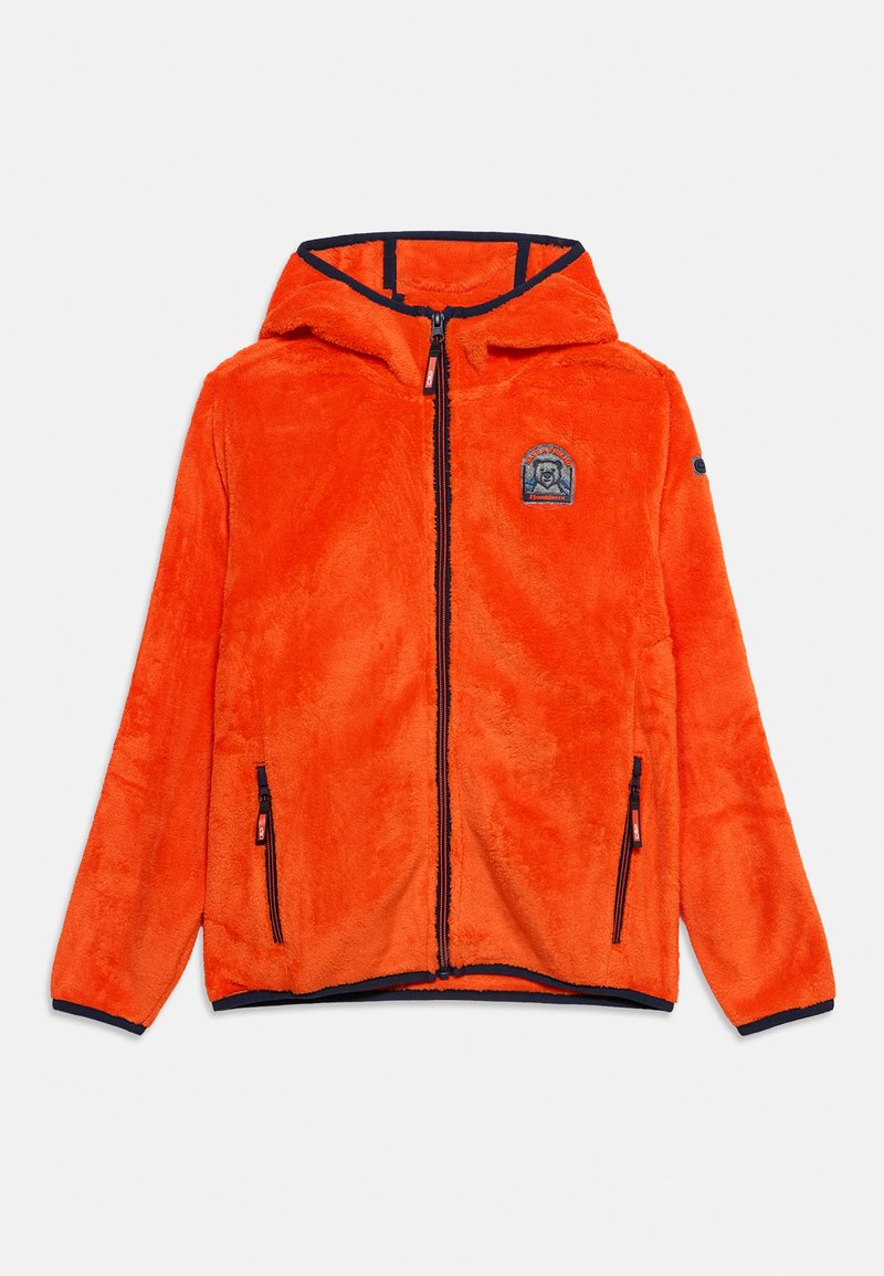 Leuchtend orangefarbene Fleecejacke mit Kapuze, durchgehendem Frontreißverschluss, seitlichen Reißverschlusstaschen und einem kleinen gestickten Emblem auf der Brust.